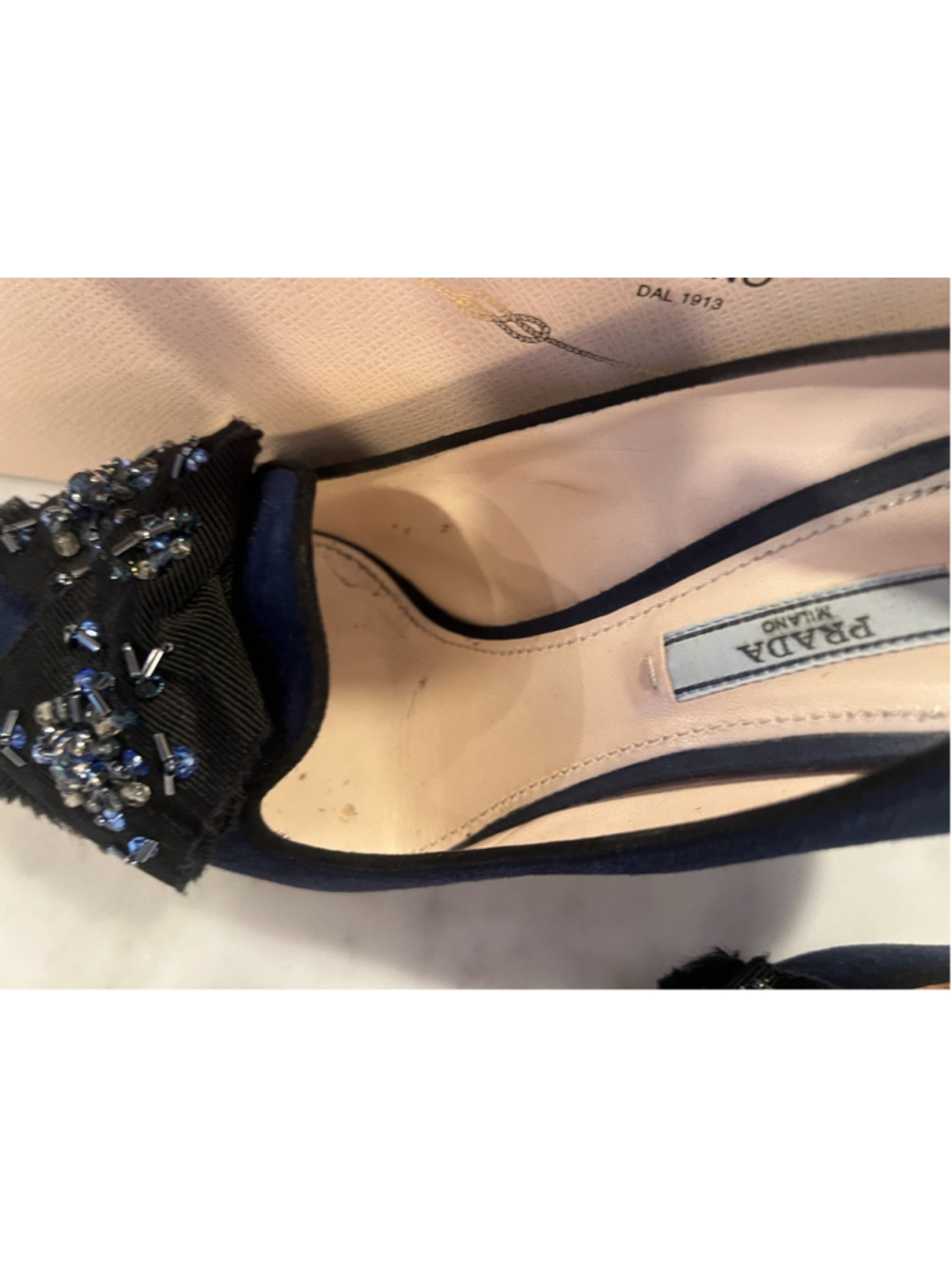 Prada Suede Beaded Bow Navy Blue Designer Heels Sz 39 (8.5/9) With Original Box - Picture 11 of 16
